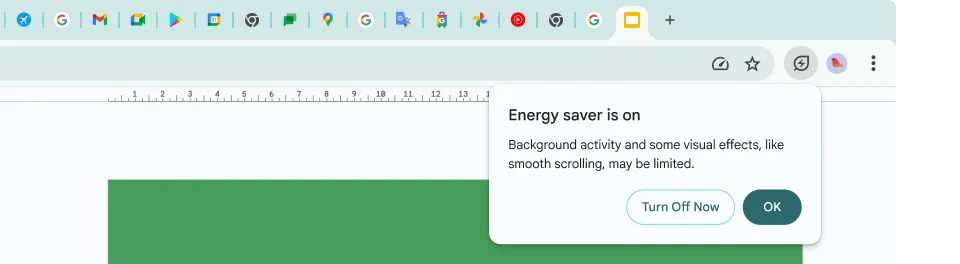 A cursor has clicked on the Energy Saver icon, which explains why background activity and some visual effects have been limited to save memory.
