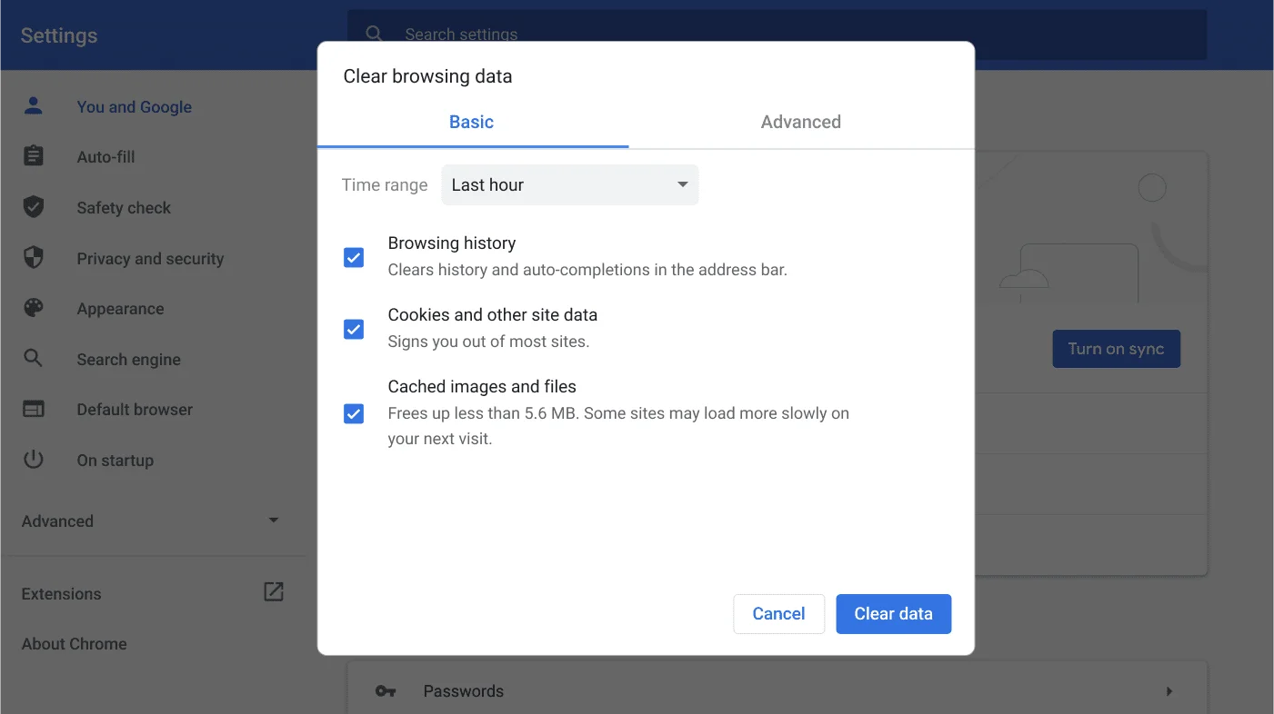 Chrome Browser settings window showing the Clear browsing data options menu.