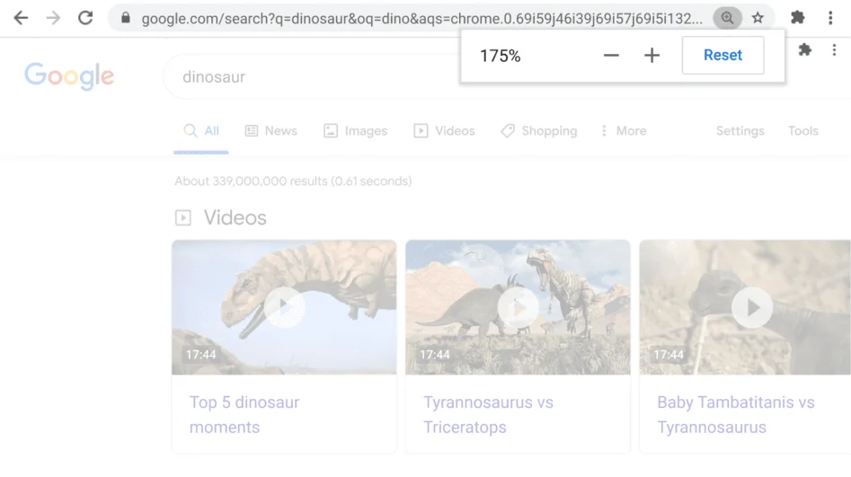 Chrome Browser window open to a web page with the Zoom function active.